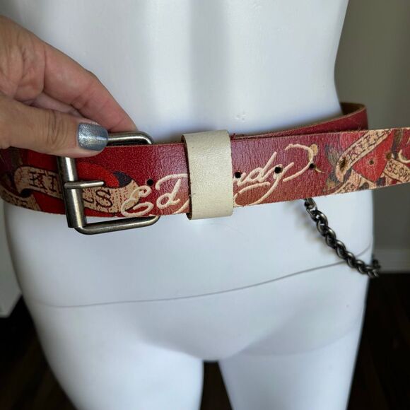 Vintage Y2K Ed Hardy Kill Slowly Embroidered Chain Belt Red main image 9